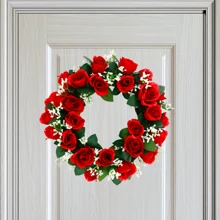 1pc,16 Inch Red Rose Flower Wreath, Spring Summer Wreath For Front Door Wall Window Decor And Valentine's Day Wedding Anniversary Party Decorations - Red - View 4