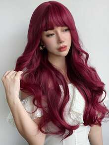 Dazzling At 26: 26-Inch Synthetic Wig With Water Wave Curls, Fringe Bangs, Perfect For Party Elegance In Burgundy Hue - Burgundy - View 4