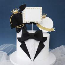 1set/4pcs Cake Decoration, Eva Sponge Suit & Bow Tie Shaped Cake Toppers, Birthday Cake Insertion Card - Black and White - View 1