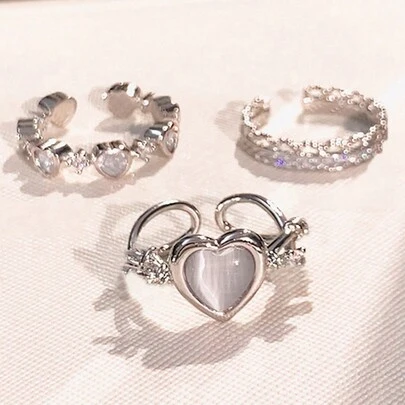 17KM 3 件时尚简约水钻心形和猫眼石开口戒指套装，可调节尺寸，派对/约会礼物，Y2k 风格情人节、妈妈、母亲、母亲节、礼物