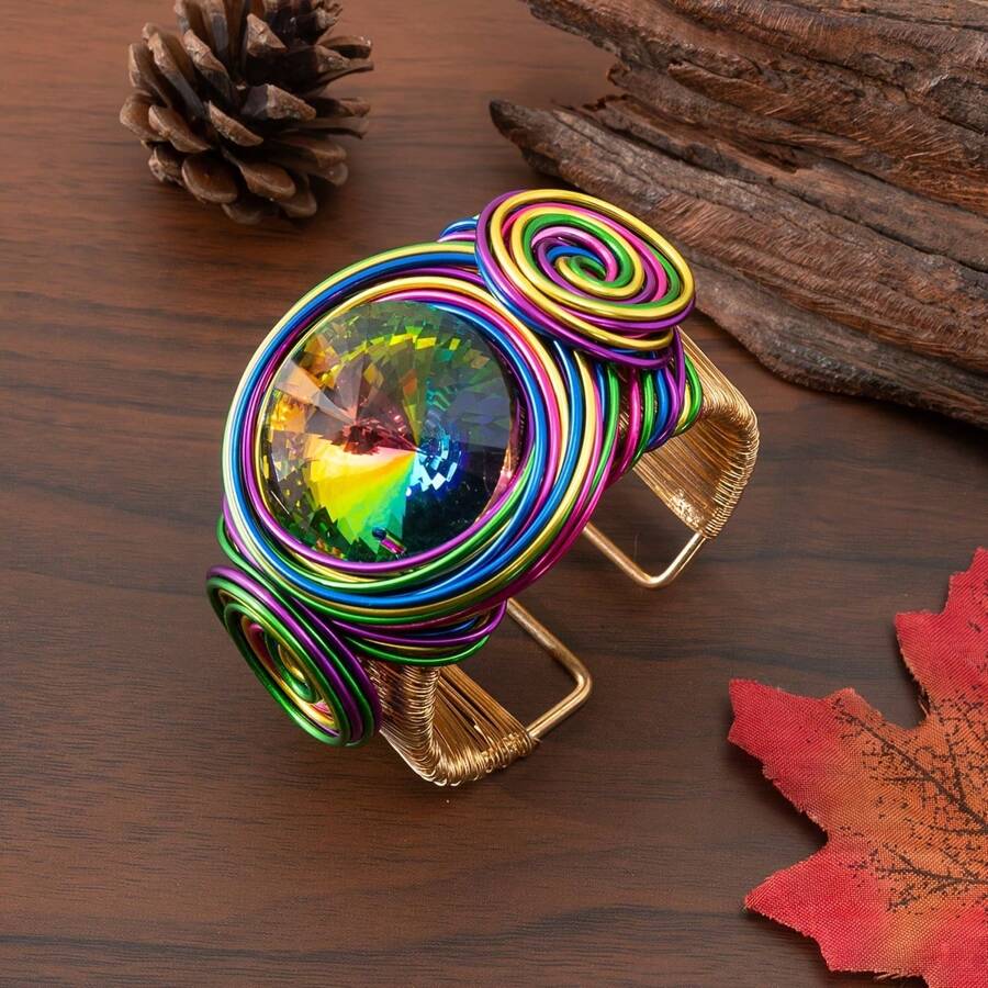 New Arrival Exaggerated Pure Handmade Chain Creative Aluminum Wire Colorful Braided & Rhinestone Studded Fashionable Vacation Style Colorful Bracelet African & Bohemian Style Bridal Jewelry Colorful Opened Bangle - Colorful - View 1