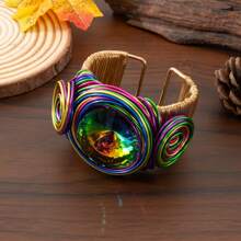 New Arrival Exaggerated Pure Handmade Chain Creative Aluminum Wire Colorful Braided & Rhinestone Studded Fashionable Vacation Style Colorful Bracelet African & Bohemian Style Bridal Jewelry Colorful Opened Bangle - Colorful - View 3