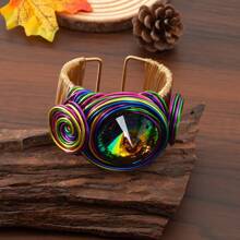 New Arrival Exaggerated Pure Handmade Chain Creative Aluminum Wire Colorful Braided & Rhinestone Studded Fashionable Vacation Style Colorful Bracelet African & Bohemian Style Bridal Jewelry Colorful Opened Bangle - Colorful - View 2