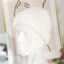 1只女士純色針織貝雷帽,配有人造貂皮,柔軟,保暖,休閒風 - 彩色 - 查看 2