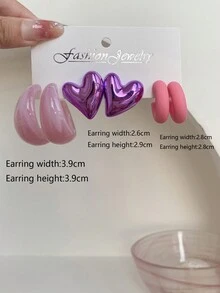 1 Set Of 3 Pairs Simple And Elegant Geometric Mismatch Shape Heart Stud Earrings, Suitable For Women's Daily Wear - Multicolor - View 11