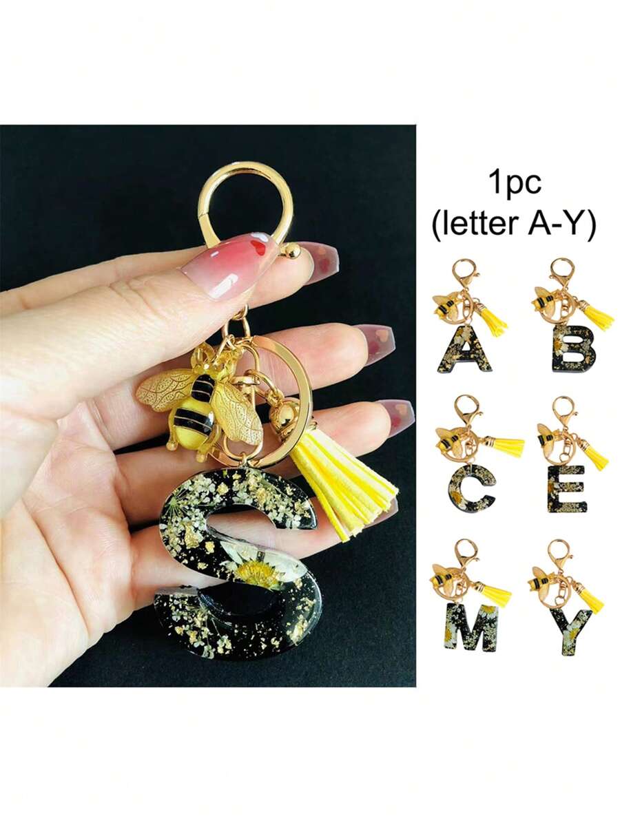 1pc A-Y Initial Keychain, Cute Daisy & Bee Resin Keyring, Suitable For Hanging On Bags, Backpacks, Cars, Great Gift For Women And Girls, Also For Valentine's Day - Multicolor - View 1