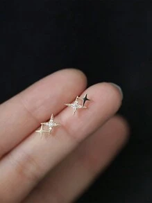 1pair Sparkling Small Star & Cz Stone Simple & Sophisticated Gold Plated Stud Earrings - Yellow Gold - View 1