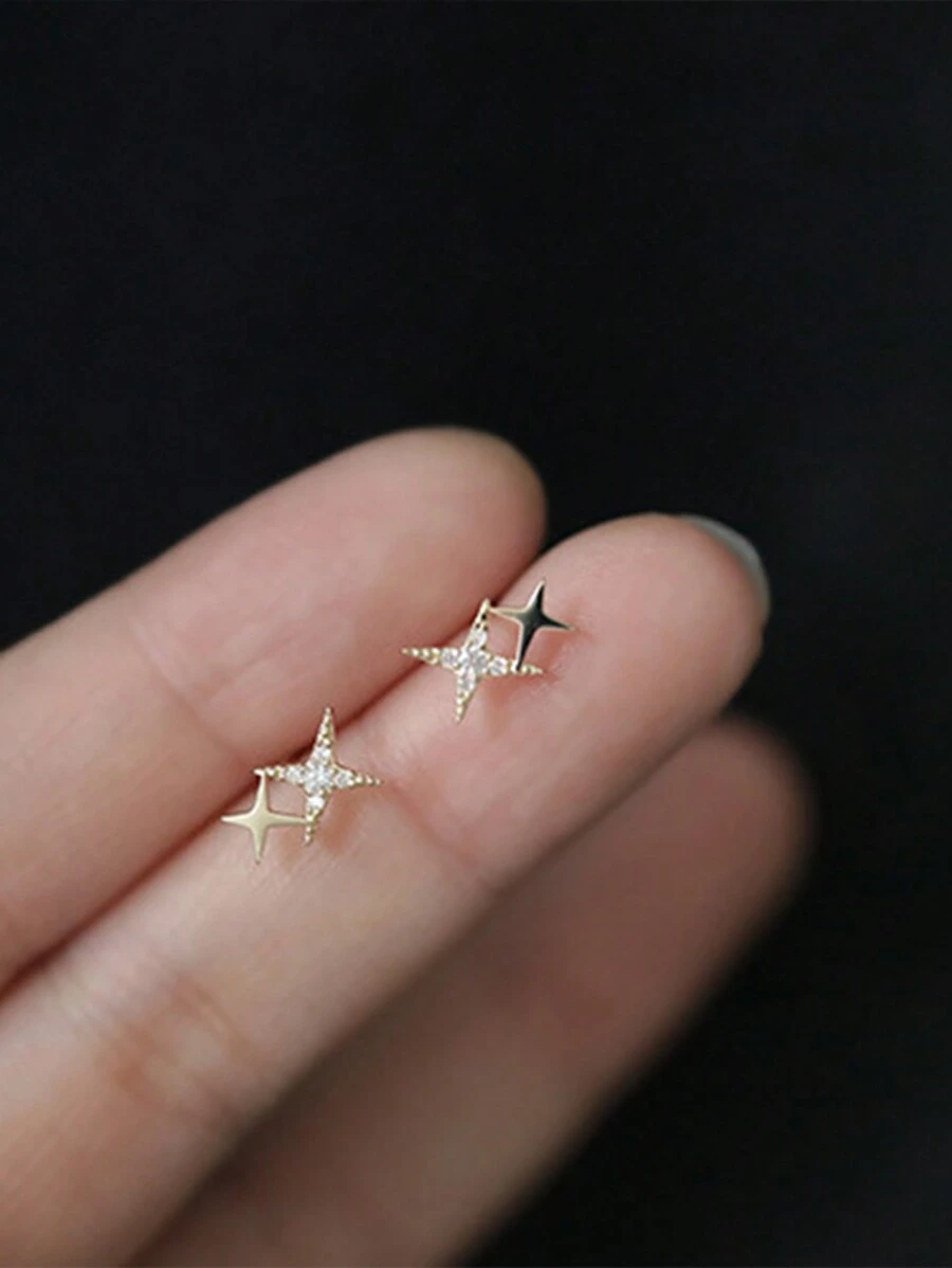 1pair Sparkling Small Star & Cz Stone Simple & Sophisticated Gold Plated Stud Earrings - Yellow Gold - View 1