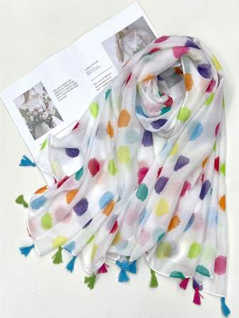 Boho 1pc Stylish Polka Dot Patterned Colorful Scarf For Women, Multifunctional, Sun-Proof, Ideal For Vacation, Autumn And Winter