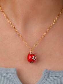 1pc Asymmetric Shape Oil Drop Pendant Necklace For Women - Red - View 2