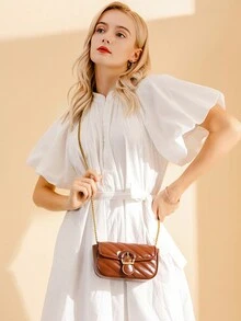 一款彩色钻石图案刺绣链条单肩斜跨迷你方包，2024春夏新品，时尚轻便，单肩包，独特的设计和材质 - 棕色 - 查看 3