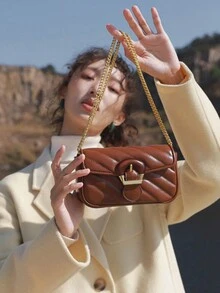 一款彩色钻石图案刺绣链条单肩斜跨迷你方包，2024春夏新品，时尚轻便，单肩包，独特的设计和材质 - 棕色 - 查看 6