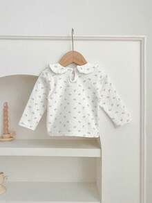 2024春秋款嬰兒女童長袖圓領衣,可愛花朵底襯衫,套頭式 - 黑與白 - 查看 4