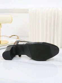 2024 年新款女士经典拼色露趾法式粗跟踝带凉鞋，大码，真皮中跟高跟鞋，时尚复古优雅低帮鞋 - 黑色 - 查看 9