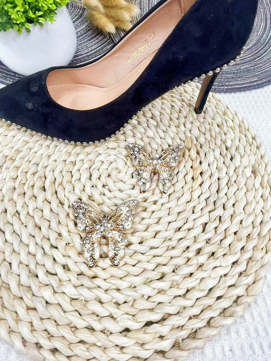 1對可拆式蝴蝶形金色鍍層合金鞋扣,鑲有鑽石裝飾,時尚鞋飾適用於女士高跟鞋,平底鞋 - 金色 - 查看 1