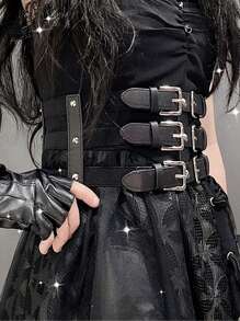 Street Punk Black Elastic Waist Belt With Three Rows Of Buckles And Hollow Out Design Halloween Corset Summer, School - Black - View 5