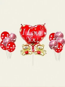 12pcs Heart Shaped Teddy Bear Aluminum Foil Balloon With Confetti, Suitable For Birthday, Wedding, Festival Party Decoration - Multicolor - View 1