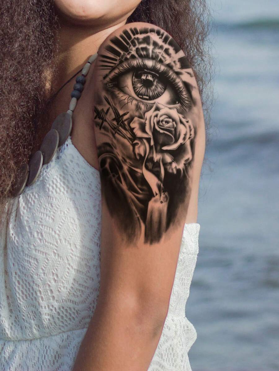 1張抽象聖光眼睛和花卉圖案臨時紋身貼紙,適用於手臂、胸部、腹部、背部 - 黑色 - 查看 1