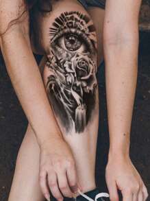 1張抽象聖光眼睛和花卉圖案臨時紋身貼紙,適用於手臂、胸部、腹部、背部 - 黑色 - 查看 4