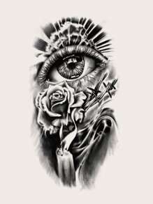 1張抽象聖光眼睛和花卉圖案臨時紋身貼紙,適用於手臂、胸部、腹部、背部 - 黑色 - 查看 2