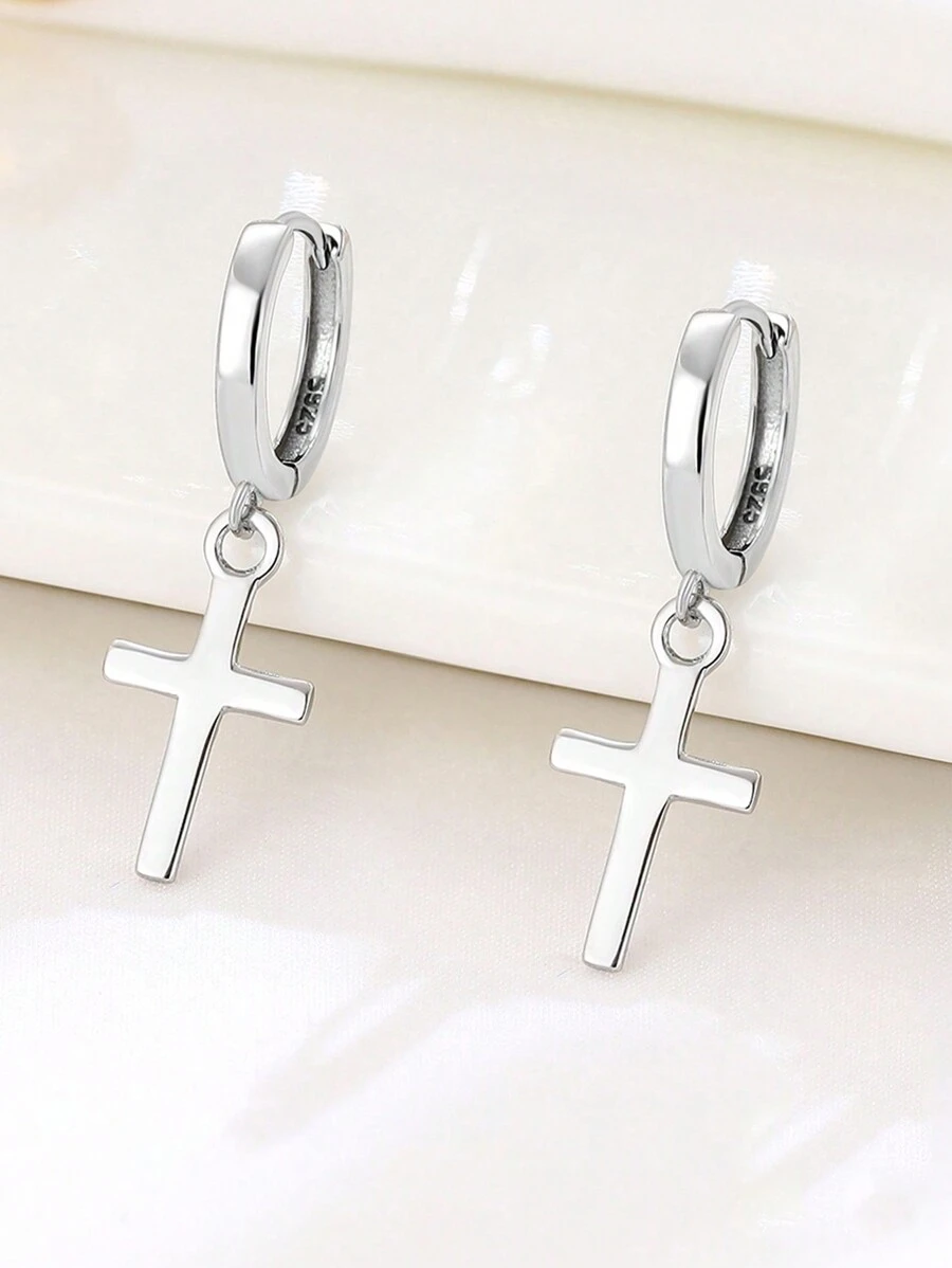 FOREVER QUEEN 1对925纯银十字架耳环，男女通用十字架耳骨耳环 - 銀色 - 查看 1