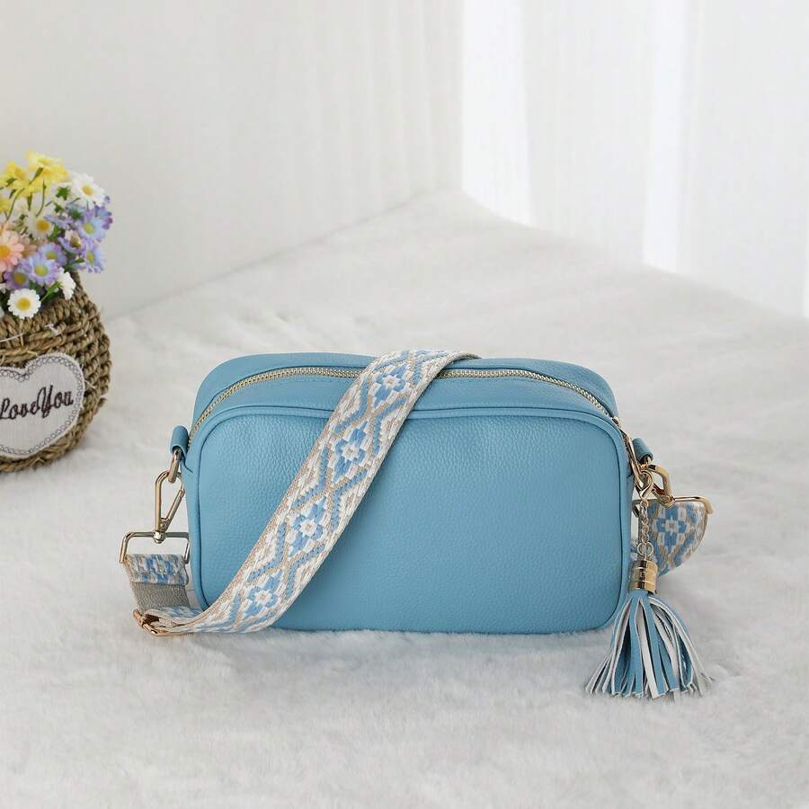 Pu流蘇斜背包皮質信使袋女性實心方形時尚肩袋女士手機斜跨包 - 藍色 - 查看 1