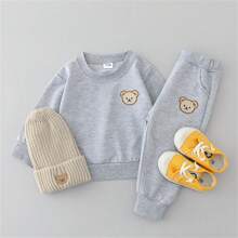 Baby Boy Plain Cartoon Bear Print Long Sleeve Sweatshirt & Pants Set, Spring/Autumn, Does Not Include Shoes & Hat - Grey - View 1