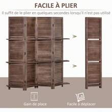 HOMCOM Paravent persienne en bois 4 panneaux 162 x 170 cm avec 3 étagères séparateur de pièce pliable cloison de séparation intérieur coloris noyer - Tabac - Voir 3
