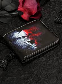 1 件黑色 PU 皮革骷髅压纹男士双折钱包，休闲男女通用信用卡夹，个性化短款零钱包 - 黑色 - 查看 3