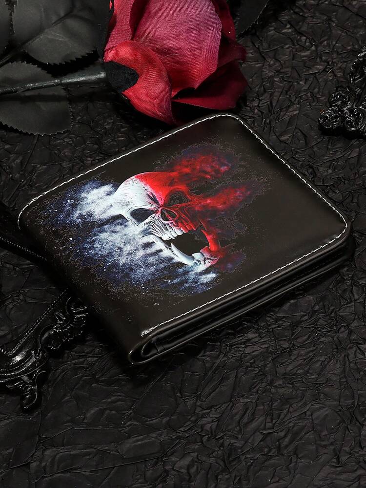 1pc Black Pu Leather Skull Embossed Men's Bi-Fold Wallet, Casual