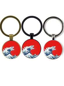 3pcs/Set Creative Keychain Printed With Waves Design, Comes In Black, Antique Bronze And Silver, Great Gift For Teachers, Lovers, Friends And Family - Multicolor - View 12