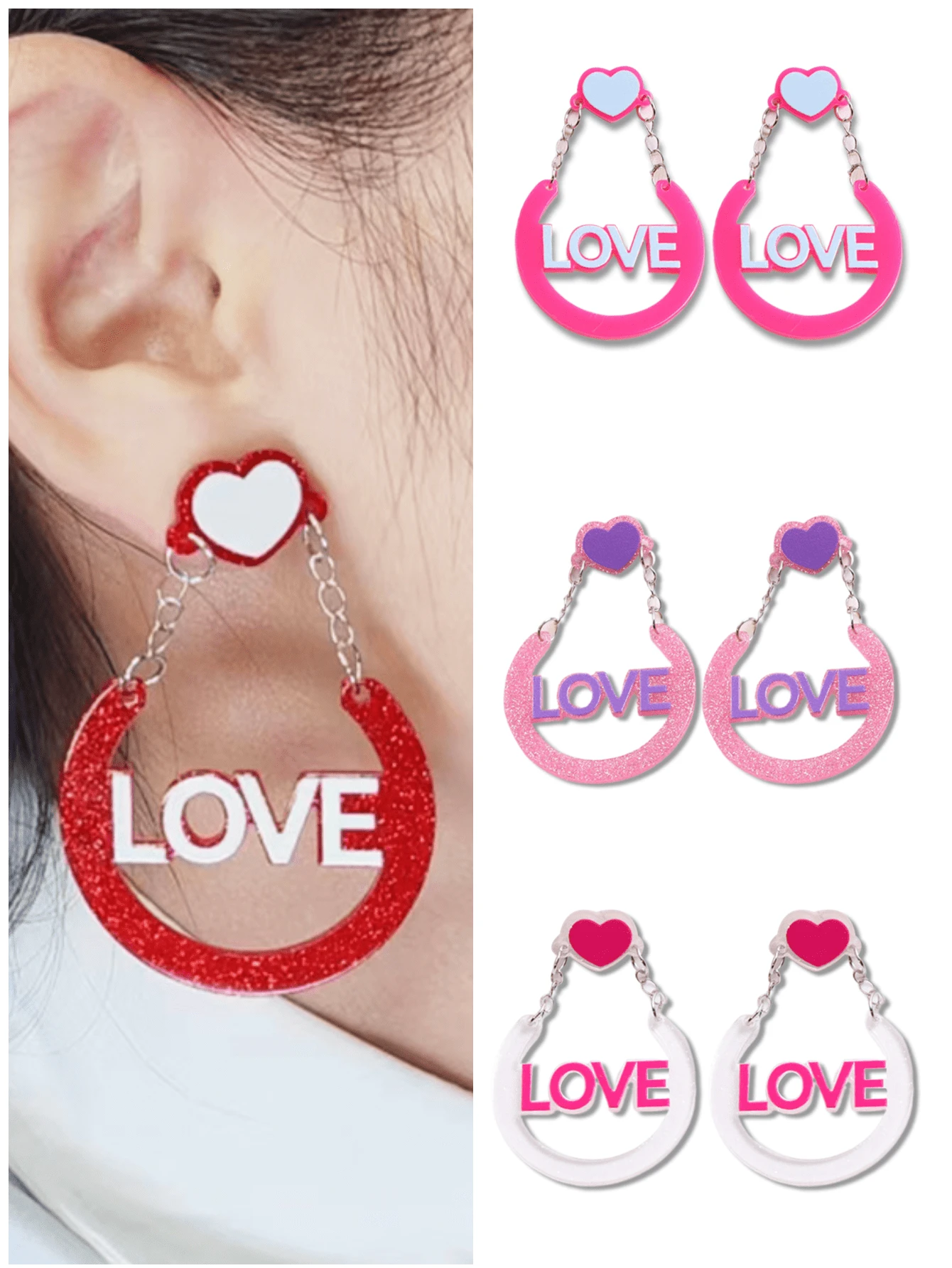 1 对欧美风格情人节新品字母“爱”女士亚克力耳环，个性化耳饰和吊坠，情人节礼物 - 彩色 - 查看 1