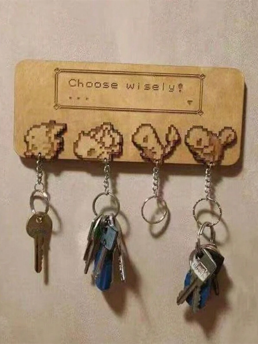 1入木製手工藝品,木雕牆掛鑰匙扣,卡通人物吊飾,鉤環加魔鬼氈裝飾裝飾物 - 卡其色 - 查看 1