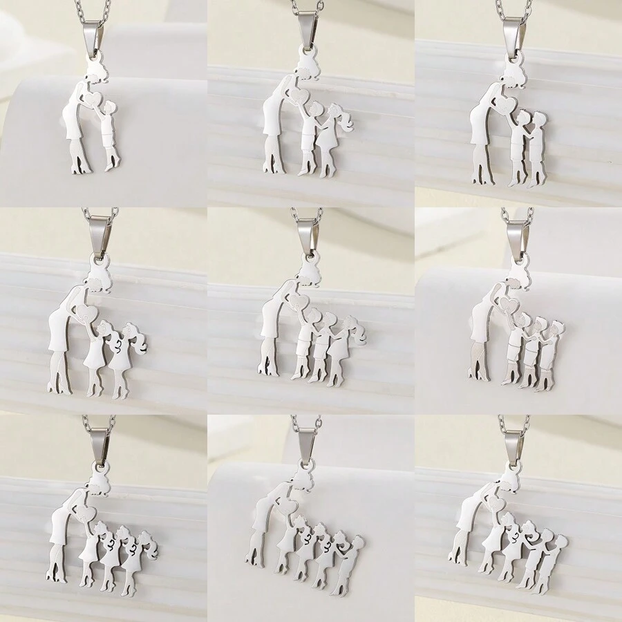 1pc Stainless Steel 'Two Boys Present Heart To Mom' Pendant Necklace - Mother's Day Gift - Beige - View 1