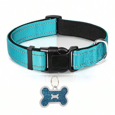 1pc Nylon With Bone Tag Soft Padded Adjustable Breathable Thick Sturdy Durable Stable Comfortable Reflective Puppy Pet Collar For Small Medium Large Dogs Outdoor Walking