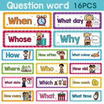 16入組兒童問題視詞學習閃卡，教室用品學校裝飾卡片幼稚園教學輔助教具蒙特梭利老師用品幼兒園學生文具學校補給品