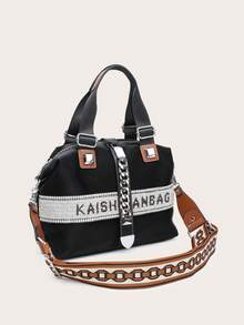 1個時尚彩色軟皮波士頓包,大容量,可肩背、斜背、手提 - 黑色 - 查看 2