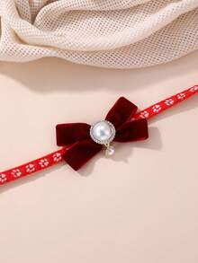 1入組寵物貓狗蝴蝶結領帶飾品帶珍珠和鑽石珠，蝴蝶結設計頸飾 - 紅色 - 查看 5