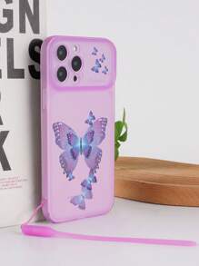 夏季1入組發光霧面藍色TPU蝴蝶圖案防震手機殼和1入矽膠發光掛繩夜光趣味保護套，適用於iPhone，三星，小米，紅米，歐珀 - 藍色 - 查看 8