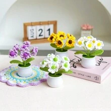 1入手工製作的3朵花的紫色桔梗盆栽,用紗線編織,適用於家居裝飾或送禮 - 紫色 - 查看 4