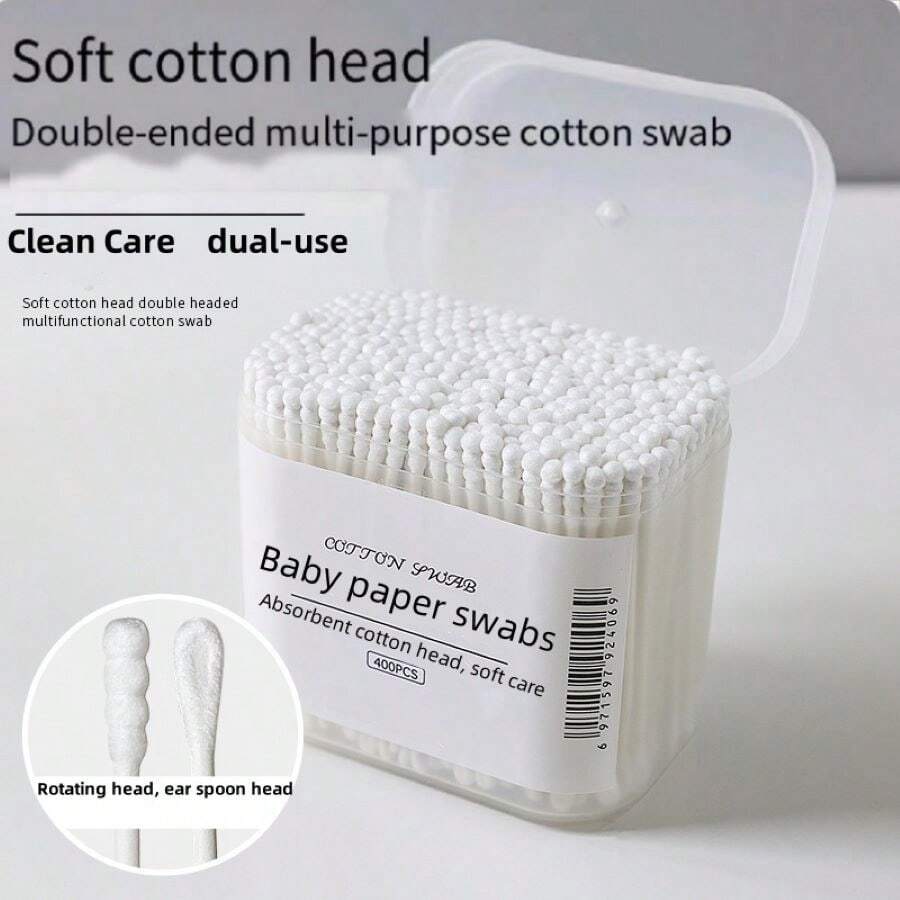 200支/400支多功能清洁棉签双头清洁棒木棒鼻耳清洁保健工具 - 白色 - 查看 1