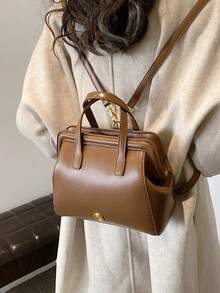 新冬季到貨攜帶式咖啡色pu女士手提袋,適用於旅行、購物、聚會、工作、日常使用 - 咖啡棕 - 查看 3