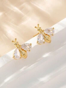 1對時尚簡約蜜蜂形狀耳環,附白色 - 金色 - 查看 1