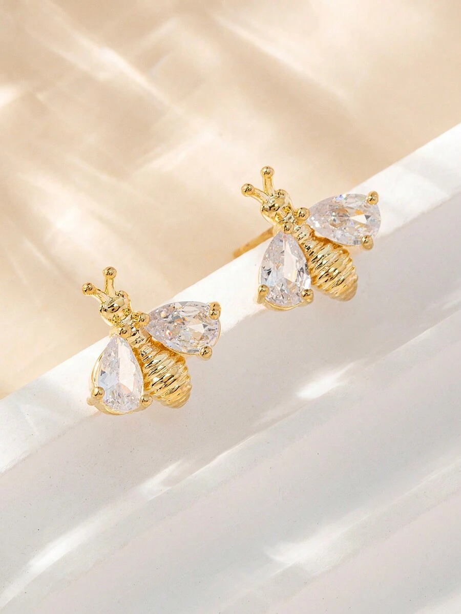 1對時尚簡約蜜蜂形狀耳環,附白色 - 金色 - 查看 1