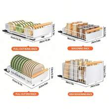 1pc Pull-Out Organizers, Cabinet Drawer Organizer, Under The Sink Pull-Out Storage Rack, Bowl Holder And Dish Rack With Wooden Handle, For Cabinet, Countertop And Drawer, Kitchen Storage Supplies - White - View 2