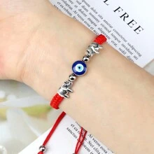 1 pieza Brazalete trenzado vintage con cuentas de ojo turco azul, hilo de nailon, dije de aleación con elefante, joya de pulsera y brazalete de pareja