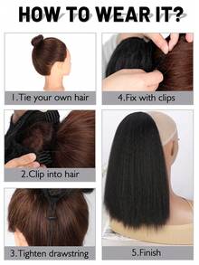 黑色14吋蓬鬆厚實亞麻馬尾辮,抽繩式亞麻馬尾辮,適用於女孩 (自然黑1b) - 黑色 - 查看 7