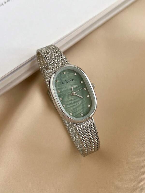 21design Oval-Shaped Mother Of Pearl Dial Woven Mesh Strap Waterproof Quartz Watch With Silver Shell