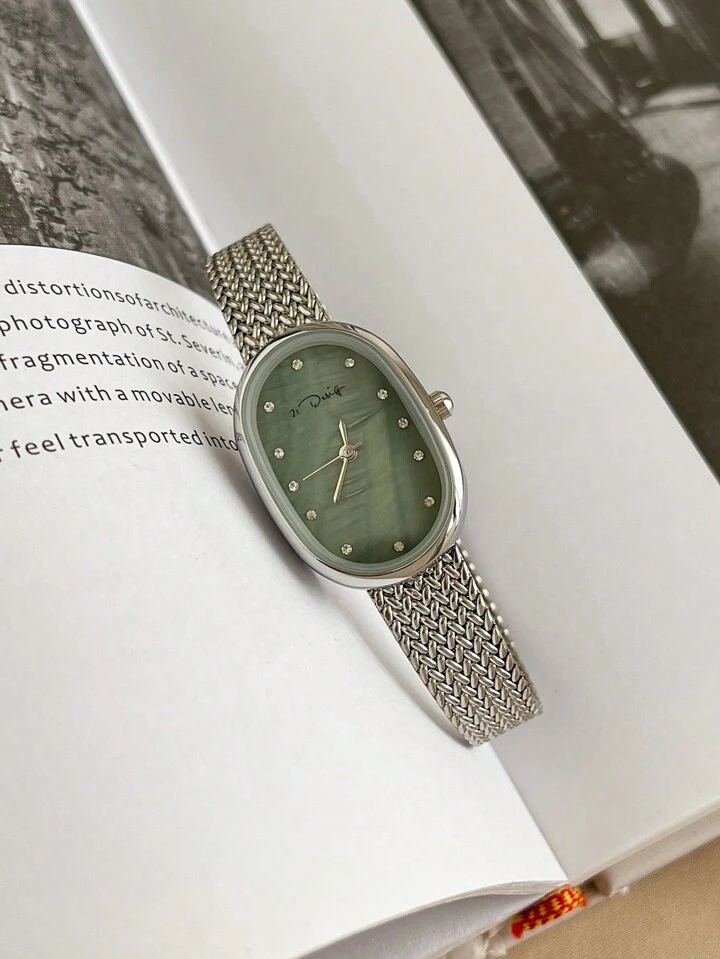 Oval-Shaped Mother Of Pearl Dial Woven Mesh Strap Waterproof  