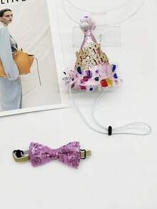 1set Children's Lovely Birthday Hat Set With Bowknot, Pink Glitter Bowknot Collar, Happy Birthday Mesh Decor, Cute Prop For Party And Gathering - Pink - View 2